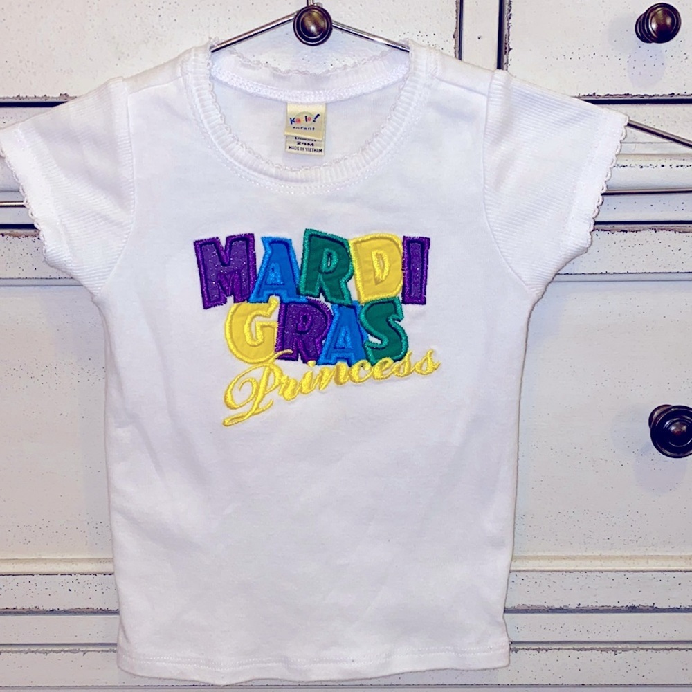 Kavio! Infant 24mo Mardi Gras Princess white shirt purple green yellow stitching